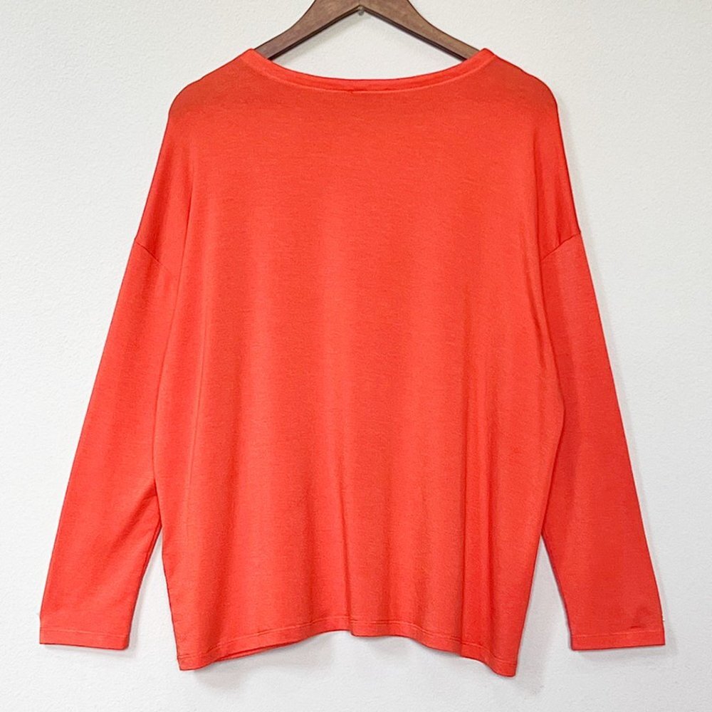 Eileen Fisher Tencel Stretch Terry Patch Pocket Long Sleeve Top Hot Red Orange M - Picture 7 of 15